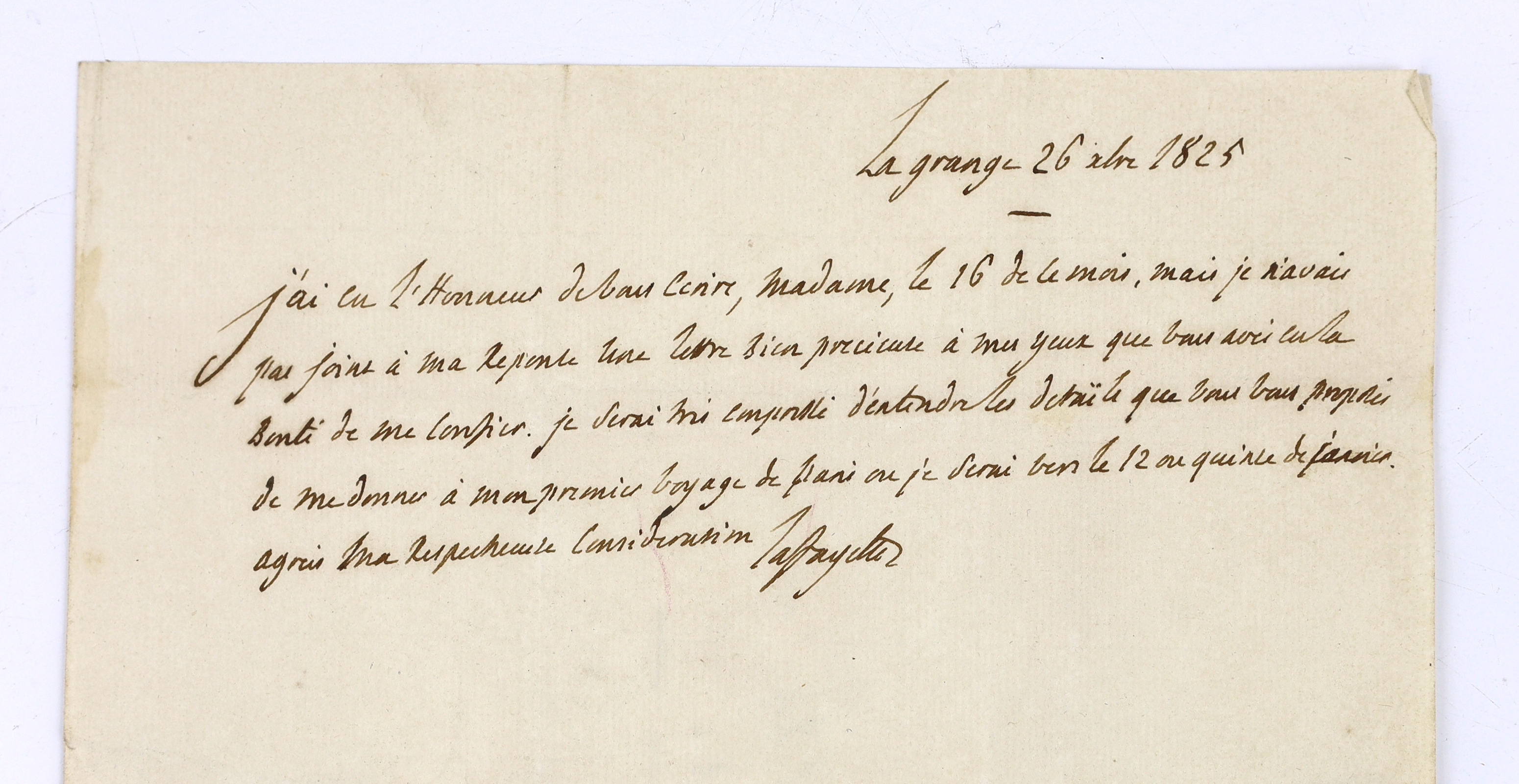 Gilbert du Motier, Marquis de Lafayette (1757-1834), French general and politician; letter to Madame [name cut from the cover], 22 Rue St Anne, Paris; La Grange, 26 December 1825